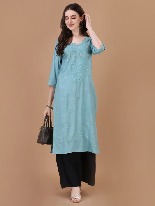 Mirha Slat Greenish Grey Rayon Sequin Embllished Long Kurta