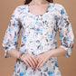 Kasha White & Blue Rose Short Mulmul Kurta