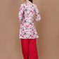 Kasha White & Pink Rose Short Mulmul Kurta
