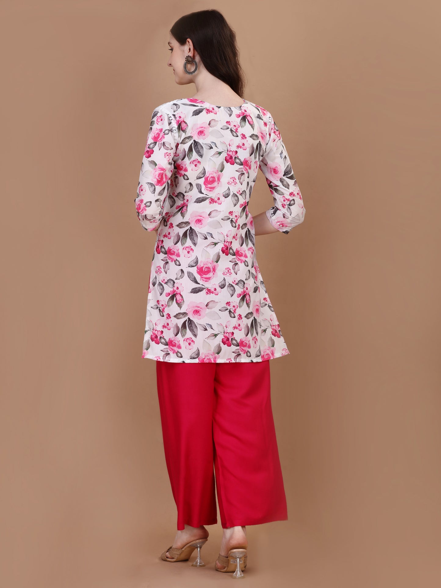 Kasha White & Pink Rose Short Mulmul Kurta