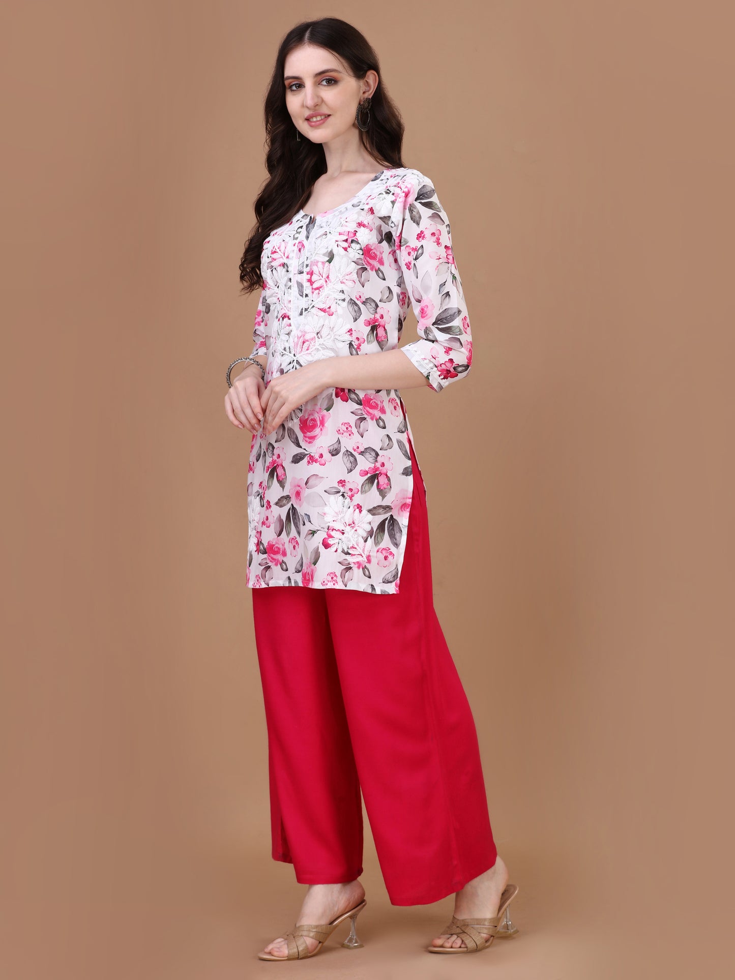 Kasha White & Pink Rose Short Mulmul Kurta