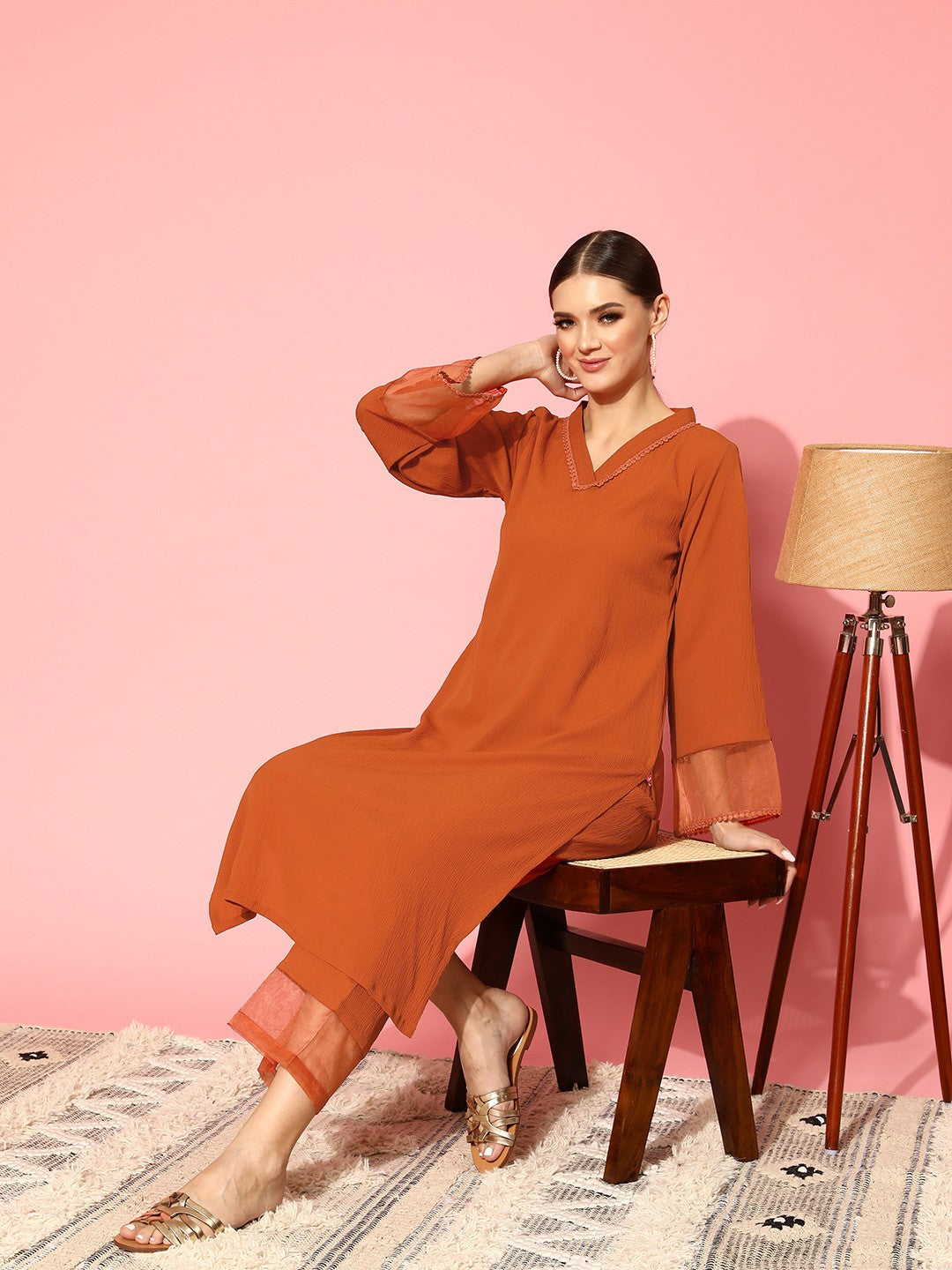 Rust Flared Sleeve Organza detailed Solid Kurta & Plazzo