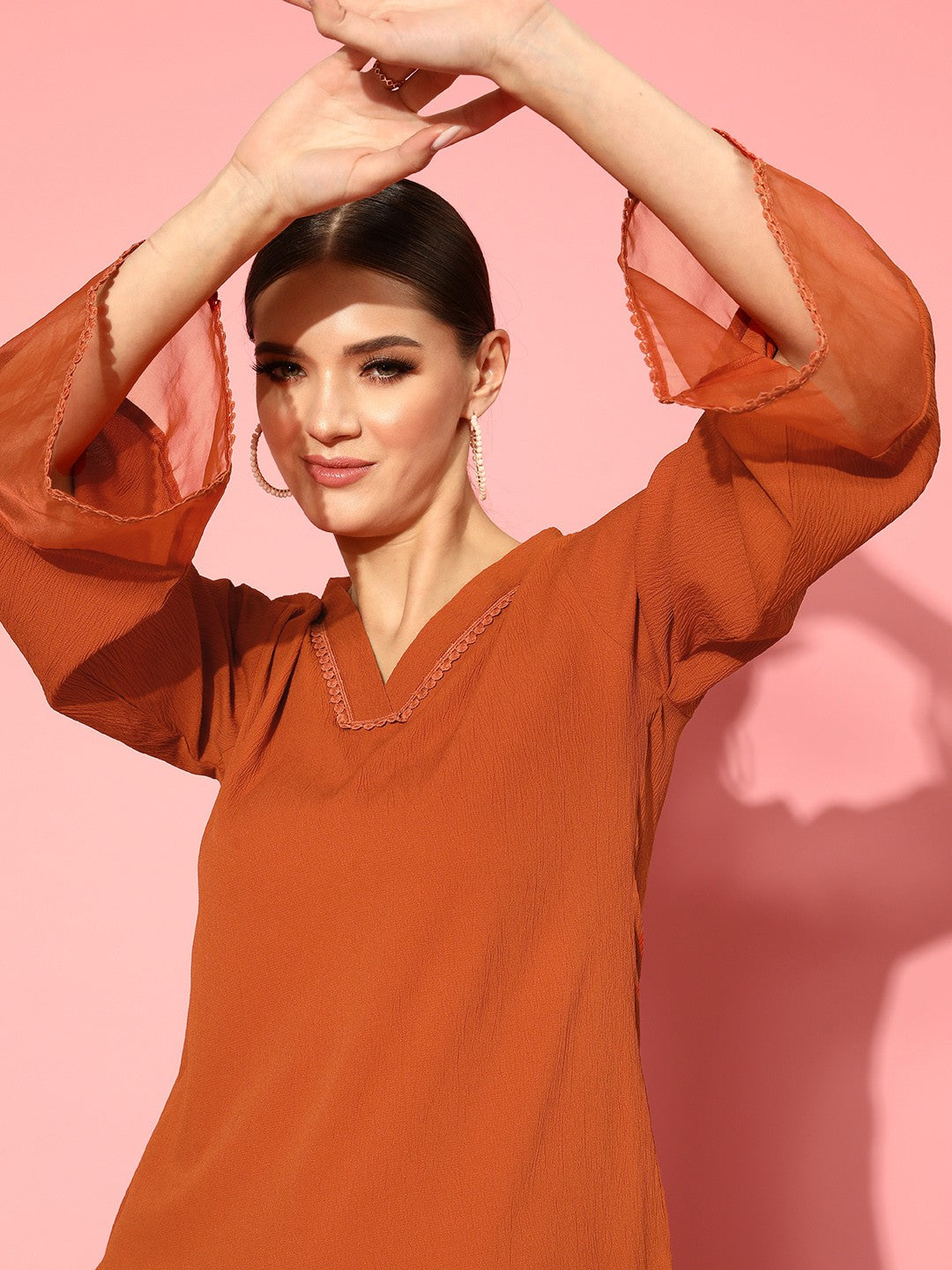 Rust Flared Sleeve Organza detailed Solid Kurta & Plazzo