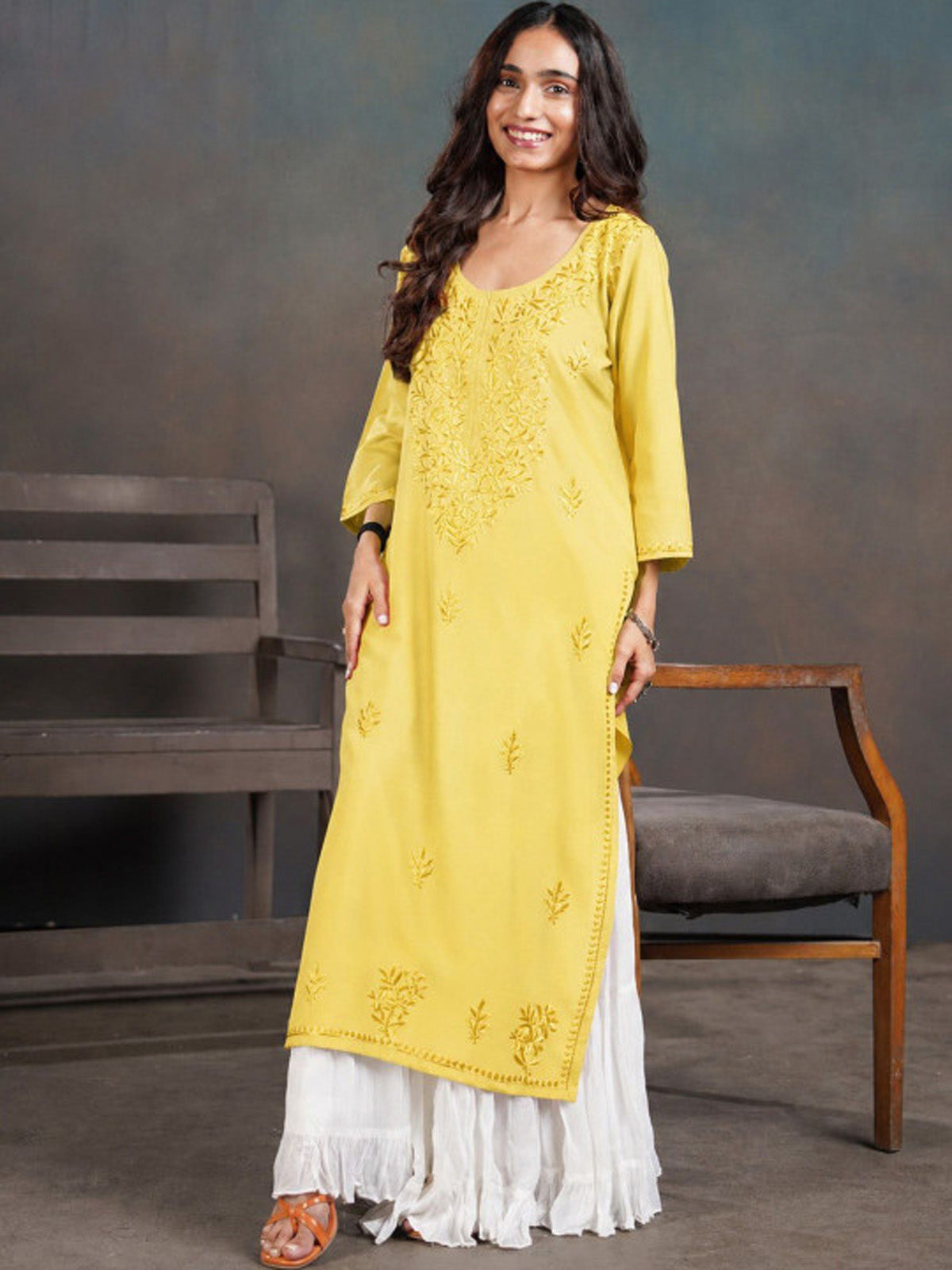 Amber Pastel Yellow Ombre Long Rayon Kurta