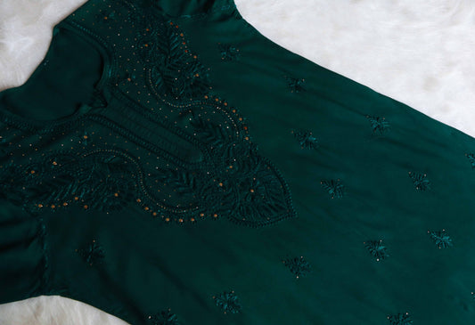 Ida Bottle Green Rayon mukaish Long Kurta