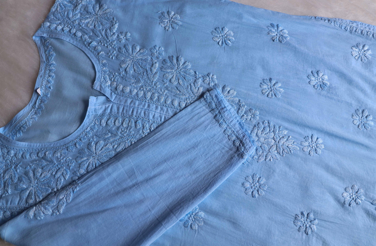 Nazakat Ice Blue Cotton short kurta