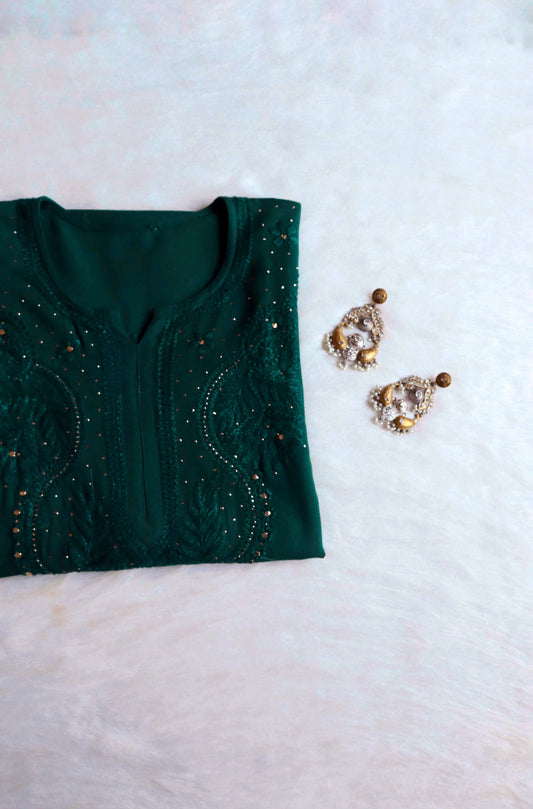 Ida Bottle Green Rayon mukaish Long Kurta