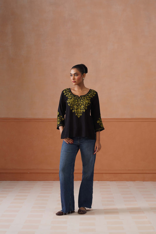 Noor Black Floral Embroidery Short Kurta