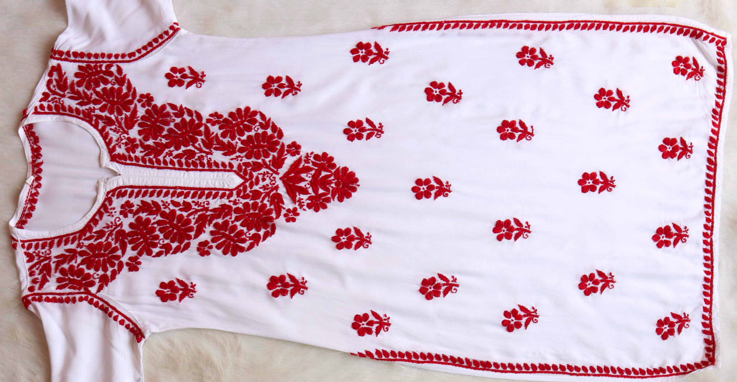 ANTARA White & Red Long Rayon kurta