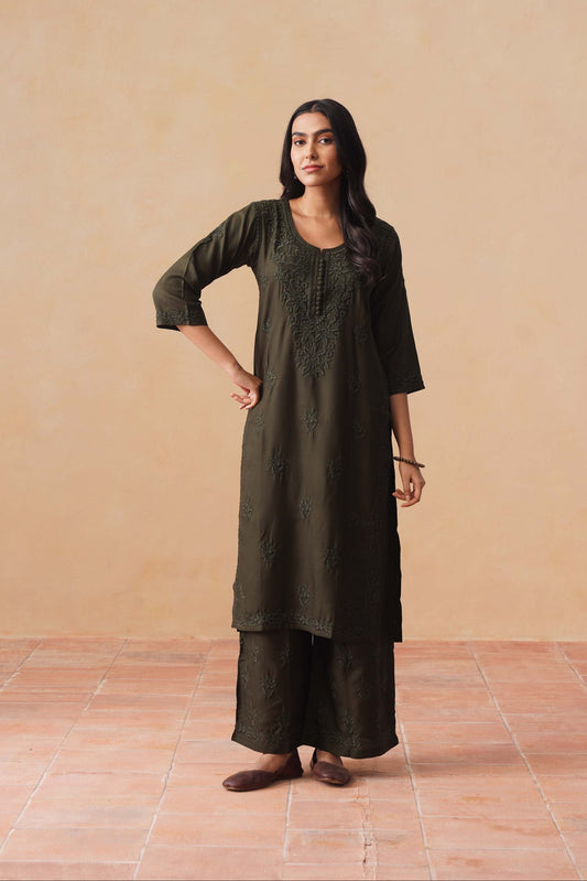 Anouki Mehendi Green 2 Piece Rayon Kurta Set