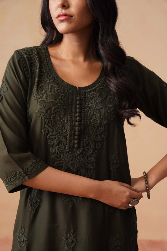 Anouki Mehendi Green 2 Piece Rayon Kurta Set