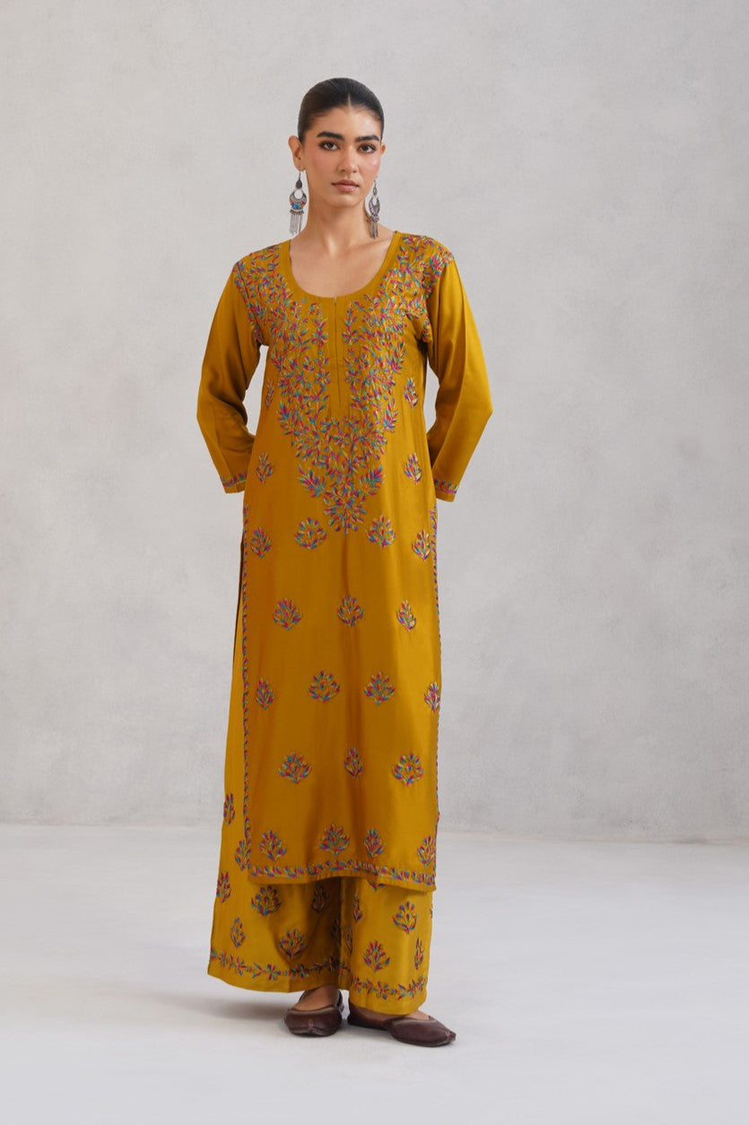 Meher Mustard Embroidered Straight Kurta Palazzo Set