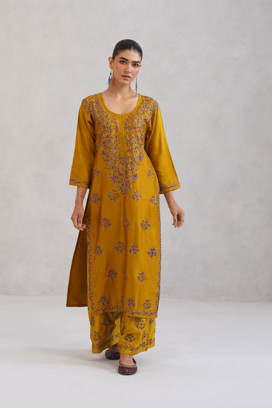 Meher Mustard Embroidered Straight Kurta Palazzo Set