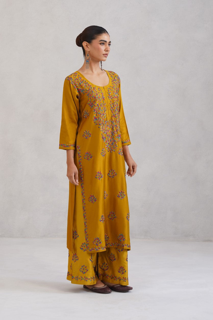 Meher Mustard Embroidered Straight Kurta Palazzo Set