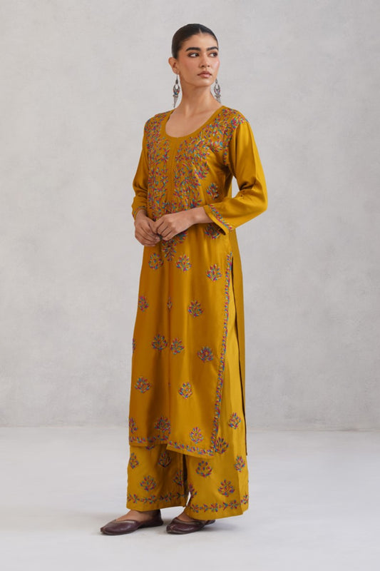Meher Mustard Embroidered Straight Kurta Palazzo Set