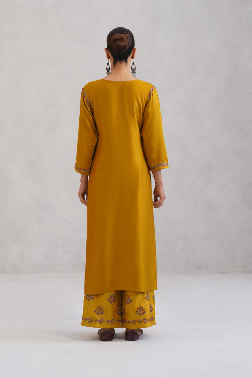 Meher Mustard Embroidered Straight Kurta Palazzo Set