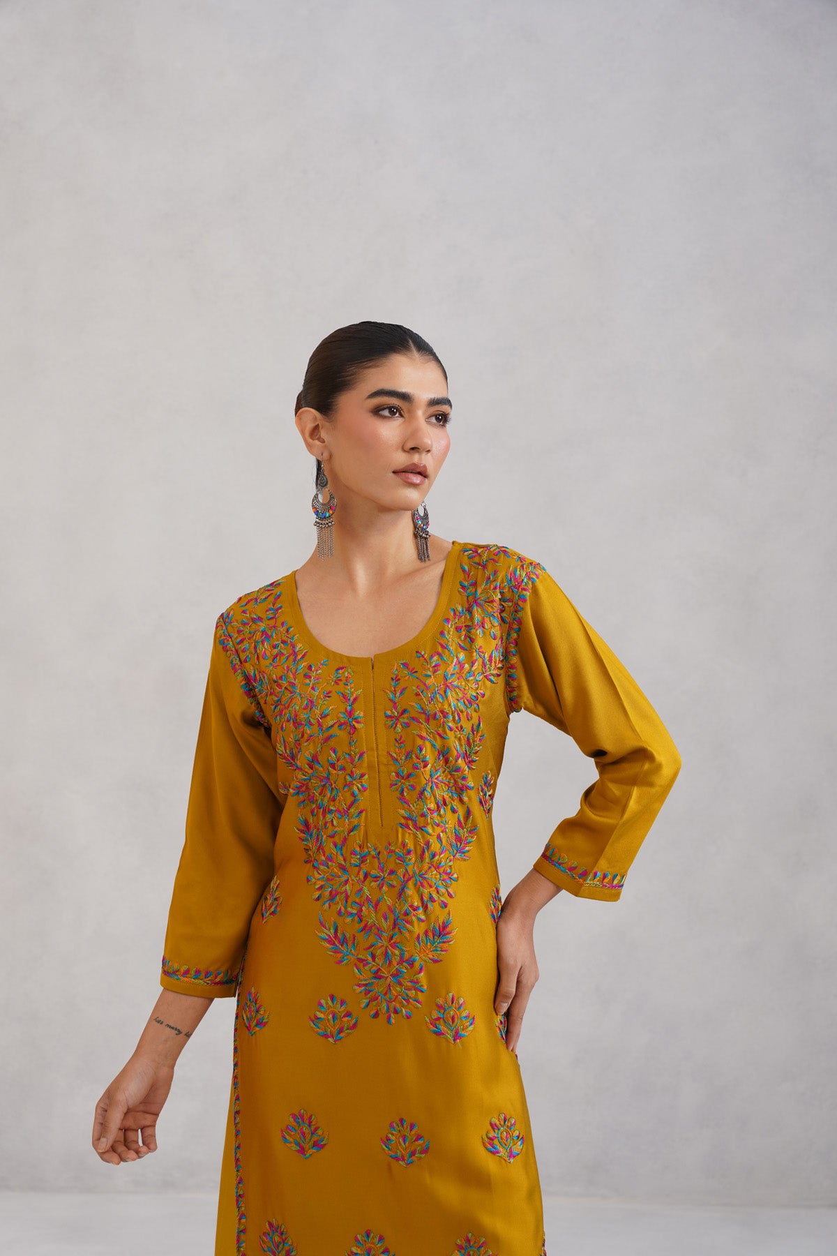 Meher Mustard Embroidered Straight Kurta Palazzo Set