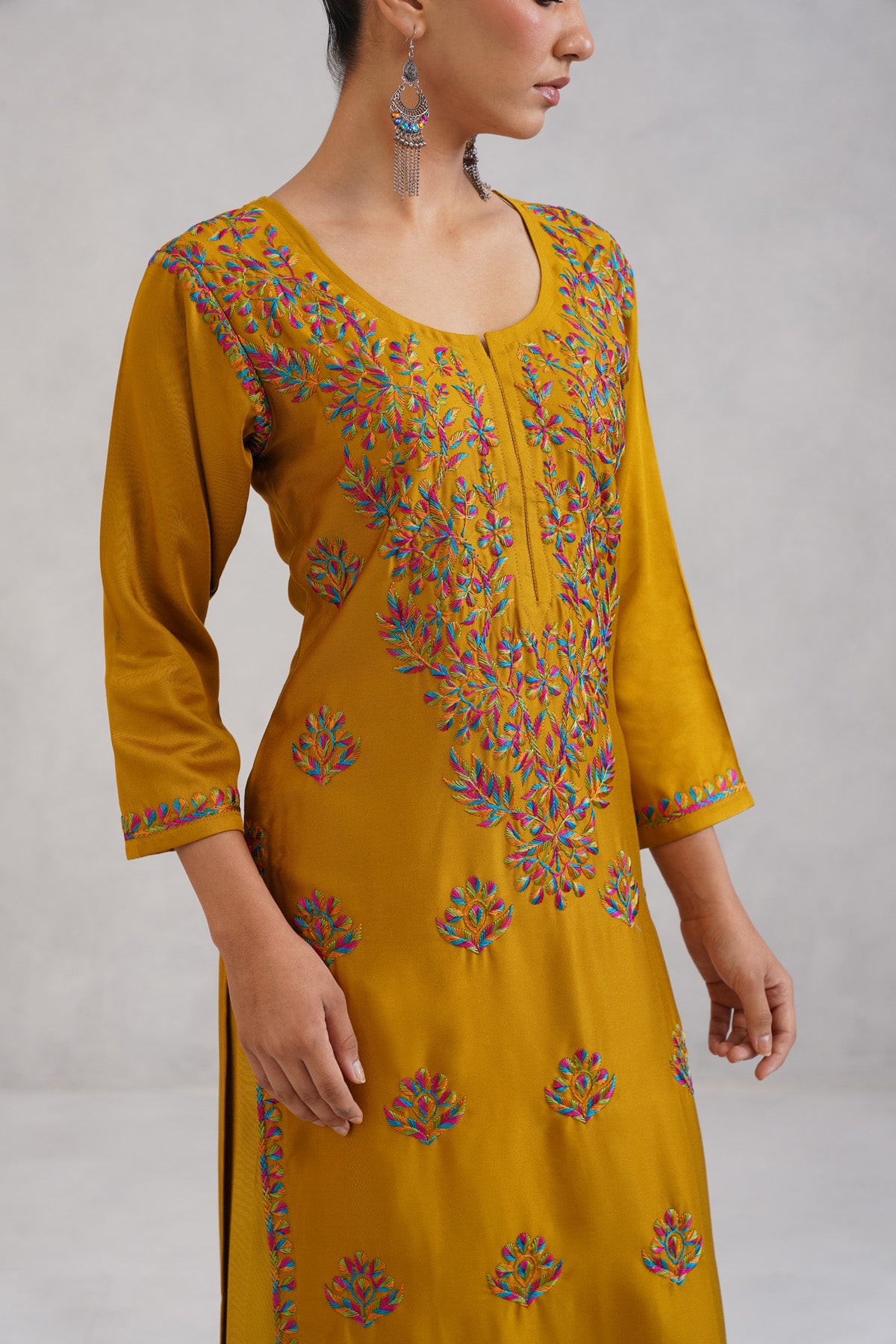 Meher Mustard Embroidered Straight Kurta Palazzo Set