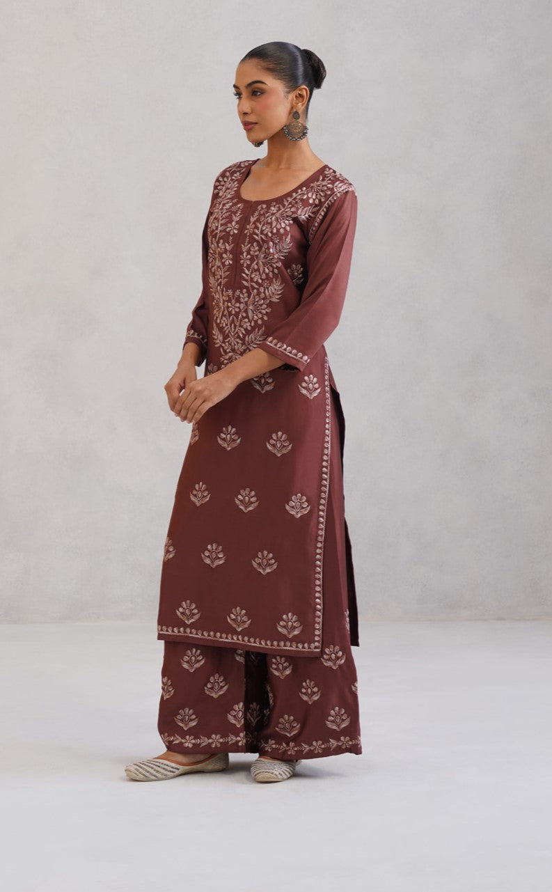 Meher Dusty Rose Embroidered Straight Kurta Palazzo Set
