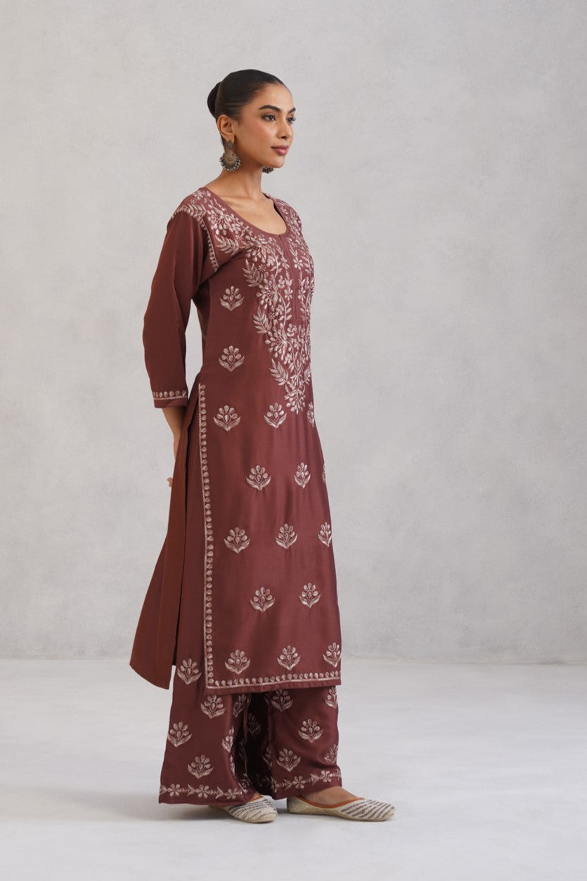 Meher Dusty Rose Embroidered Straight Kurta Palazzo Set