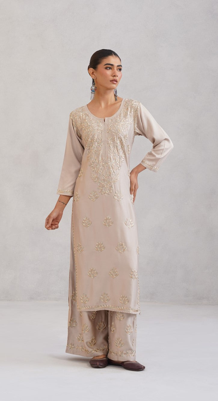 Meher Cream Embroidered Straight Kurta Plazzo Set