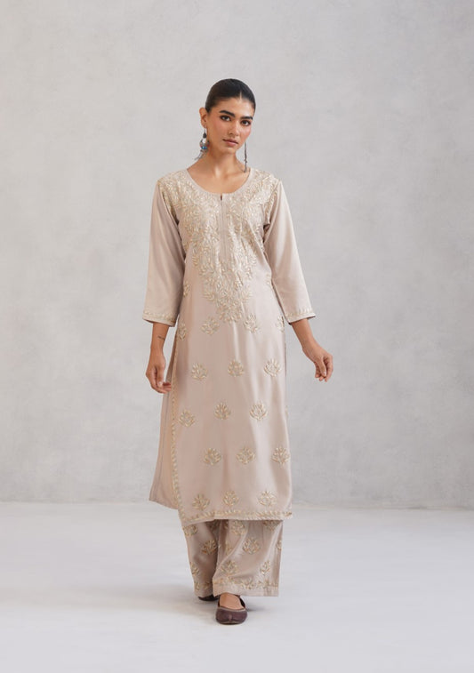 Meher Cream Embroidered Straight Kurta Plazzo Set