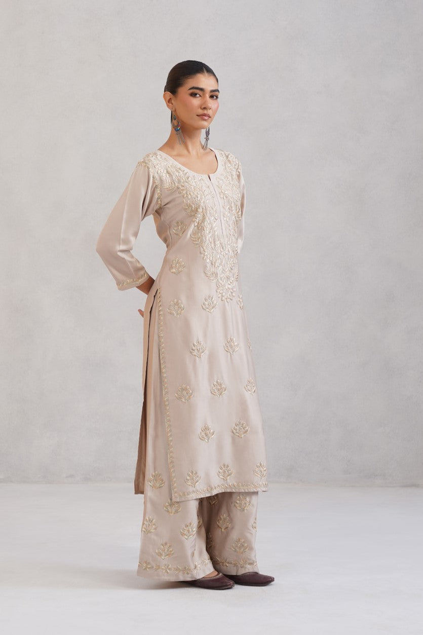 Meher Cream Embroidered Straight Kurta Plazzo Set