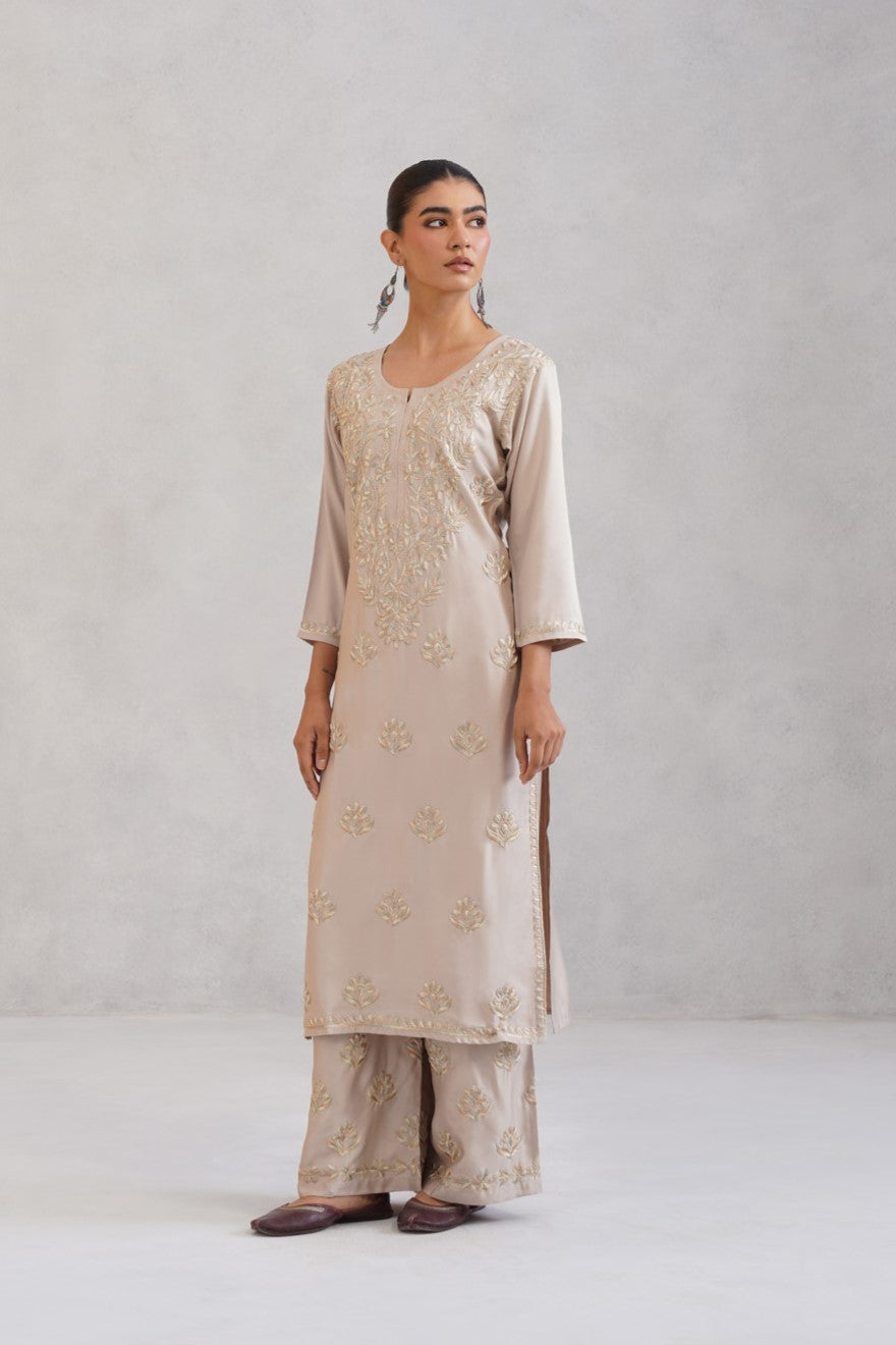 Meher Cream Embroidered Straight Kurta Plazzo Set