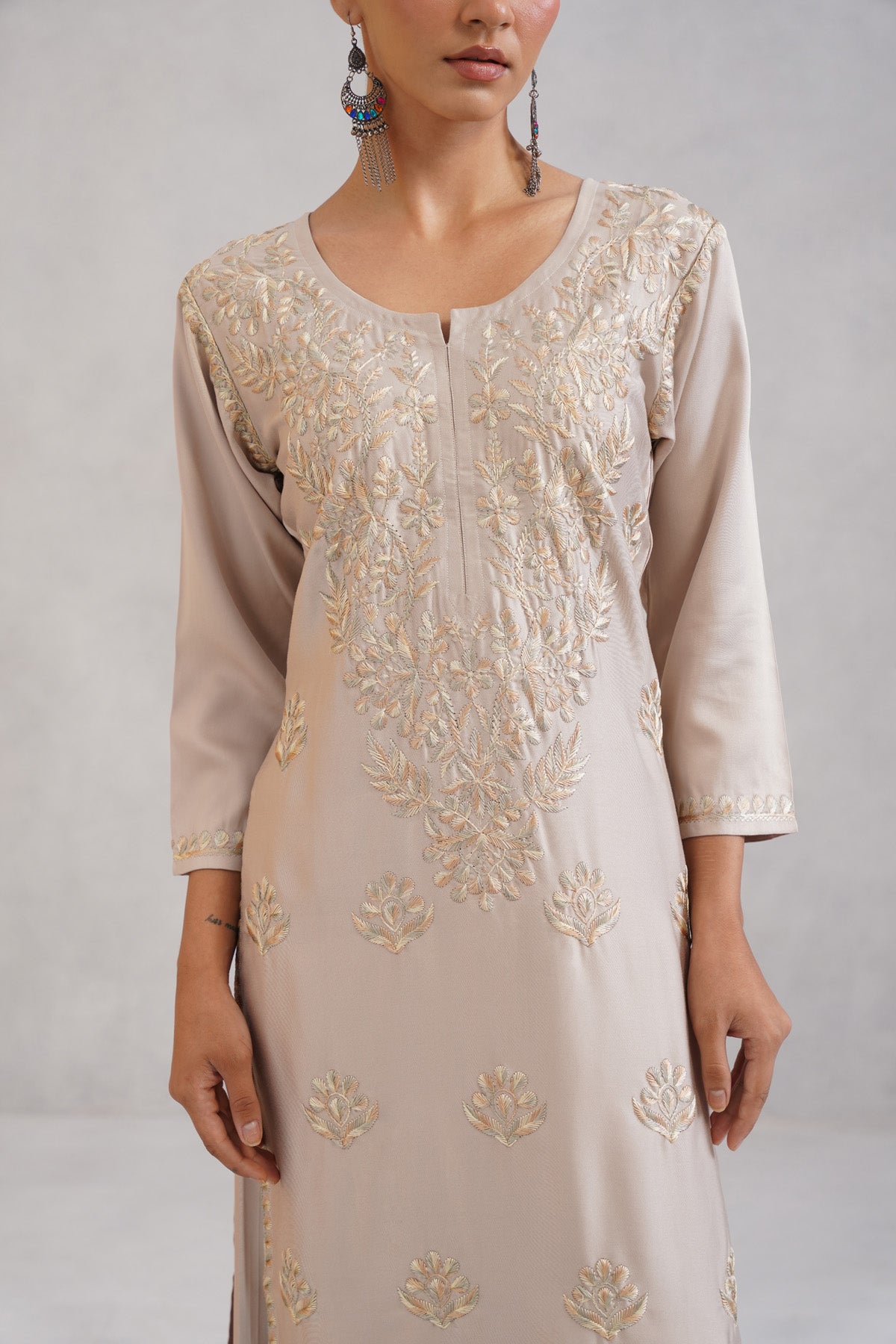 Meher Cream Embroidered Straight Kurta Plazzo Set