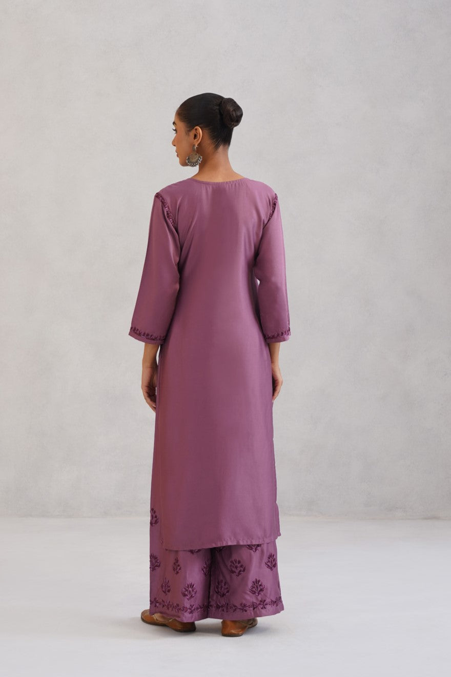 Meher Plum Embroidered Straight Kurta Palazzo Set