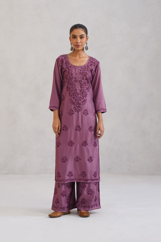 Meher Plum Embroidered Straight Kurta Palazzo Set