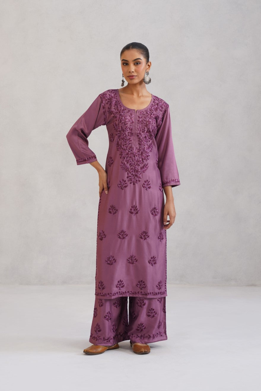 Meher Plum Embroidered Straight Kurta Palazzo Set