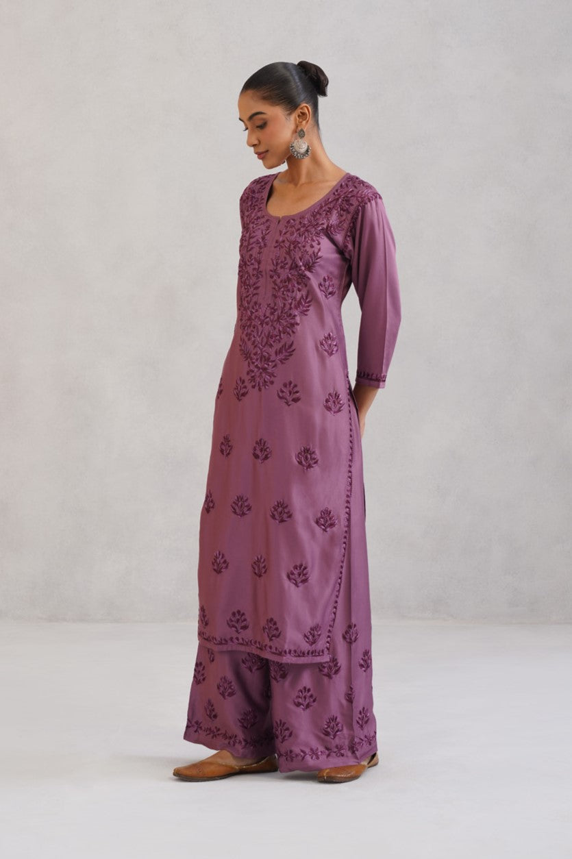 Meher Plum Embroidered Straight Kurta Palazzo Set