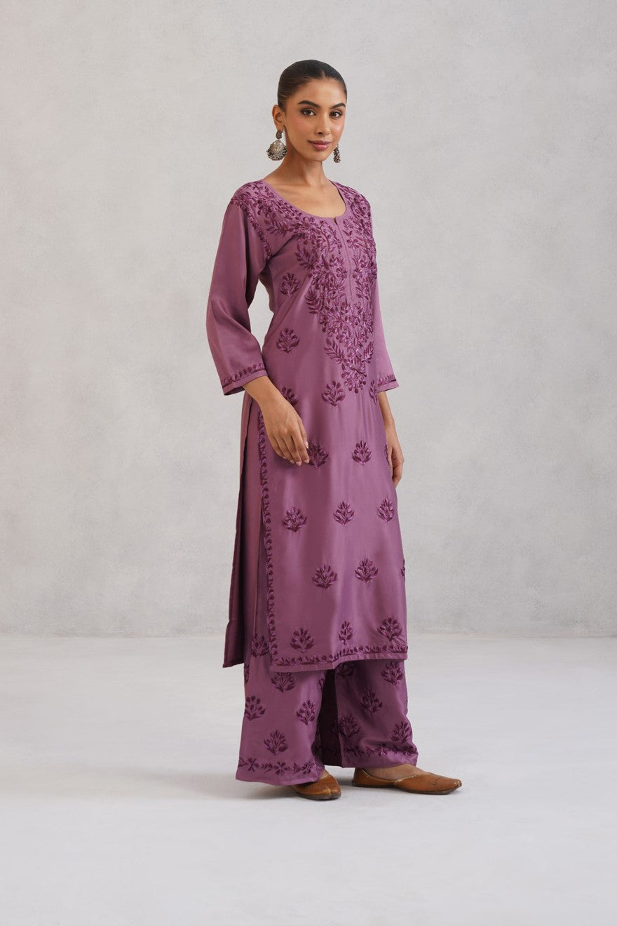 Meher Plum Embroidered Straight Kurta Palazzo Set