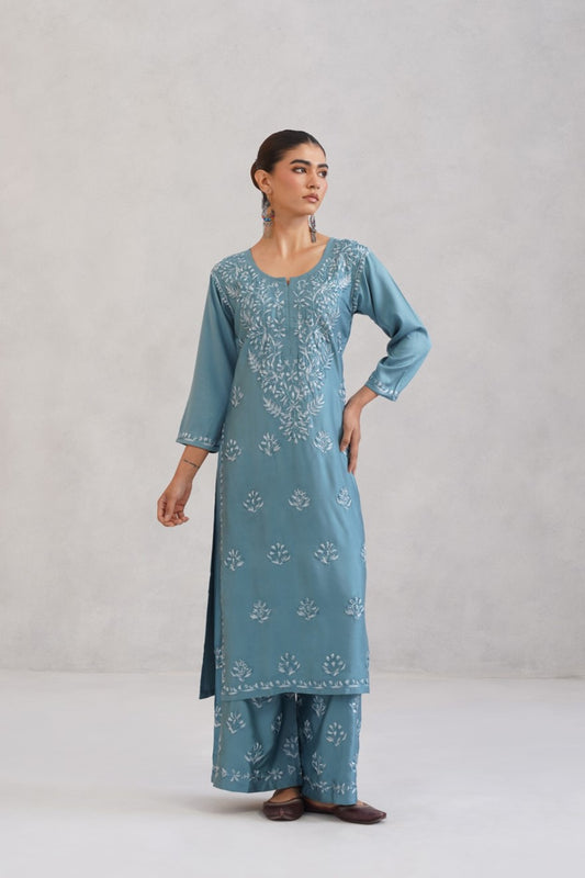 Meher Ice Blue Embroidered Straight Kurta Palazzo Set