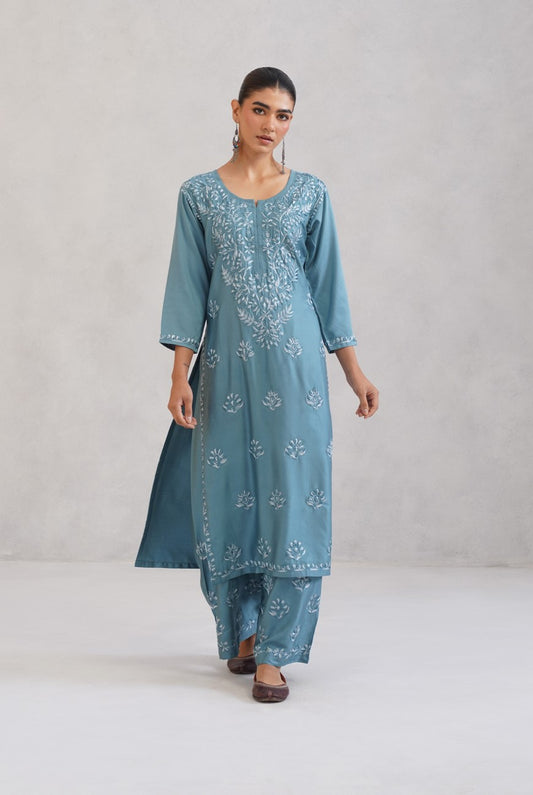 Meher Ice Blue Embroidered Straight Kurta Palazzo Set