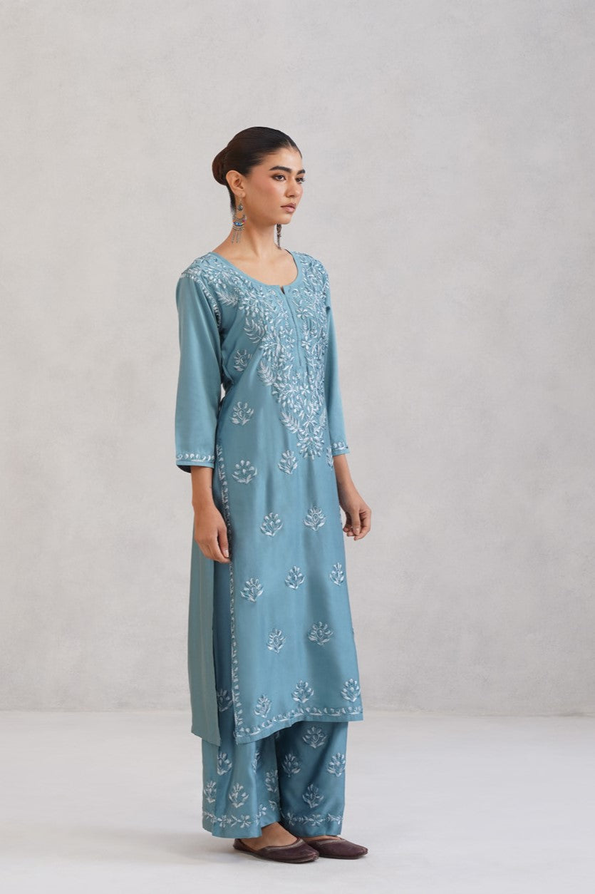 Meher Ice Blue Embroidered Straight Kurta Palazzo Set