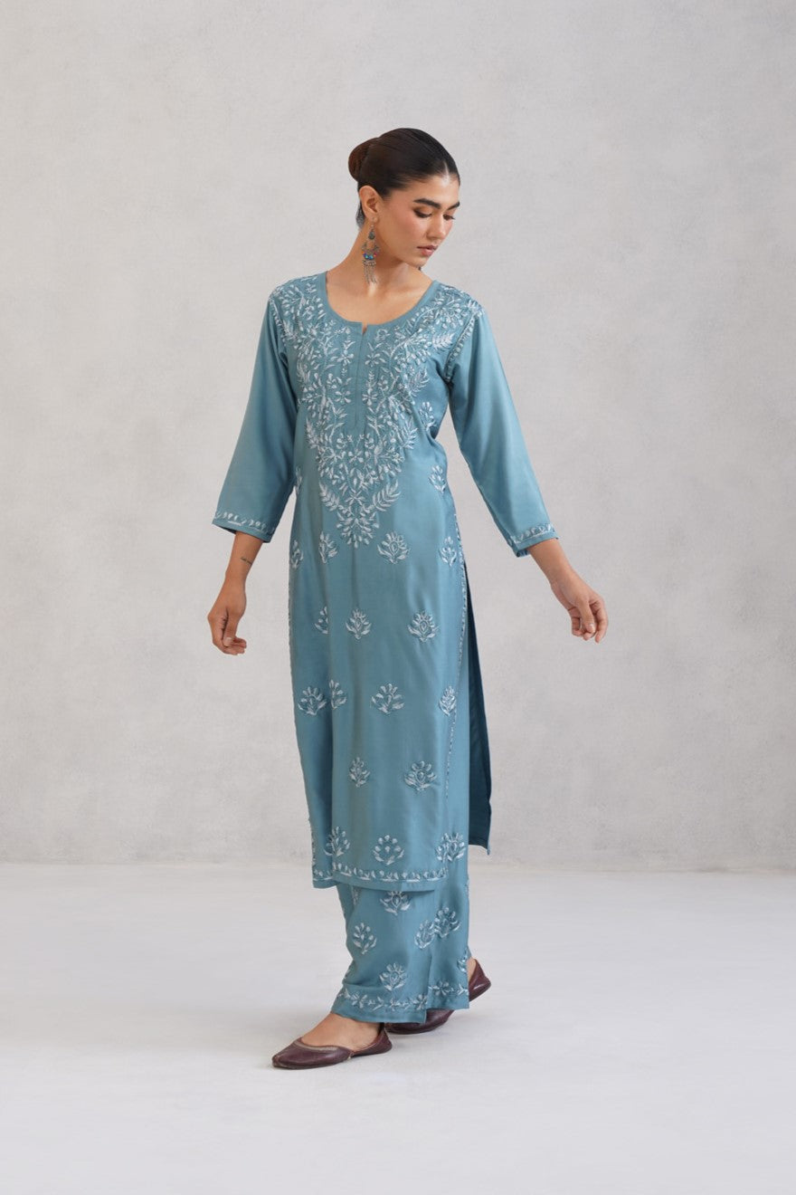 Meher Ice Blue Embroidered Straight Kurta Palazzo Set