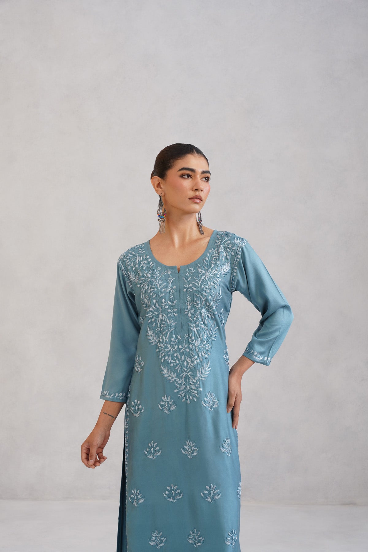 Meher Ice Blue Embroidered Straight Kurta Palazzo Set