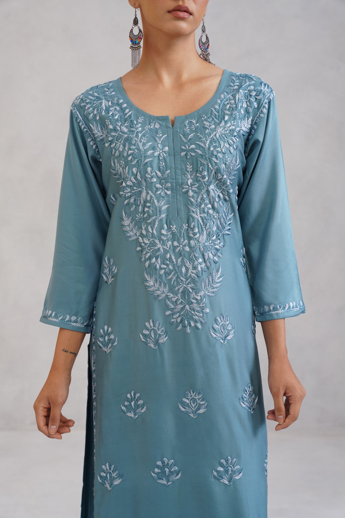 Meher Ice Blue Embroidered Straight Kurta Palazzo Set