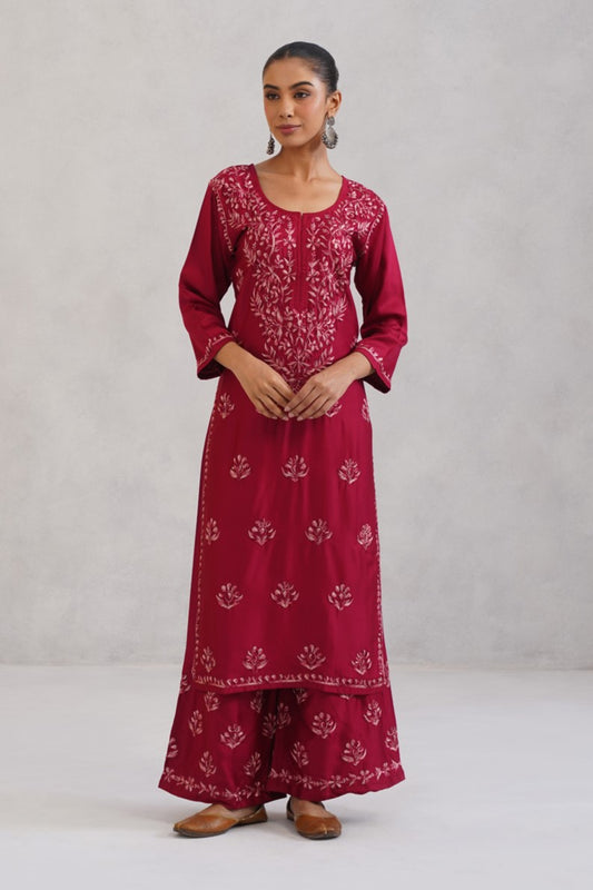 Meher Maroon Embroidered Straight Kurta Palazzo Set
