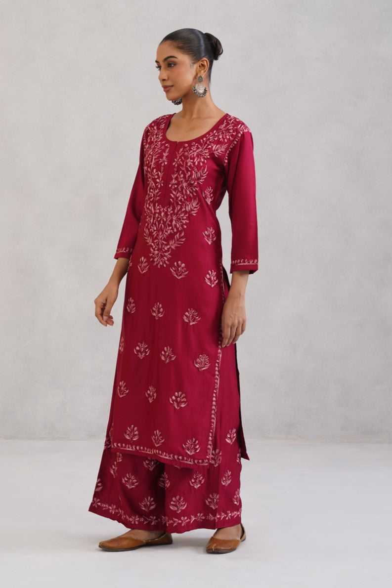 Meher Maroon Embroidered Straight Kurta Palazzo Set