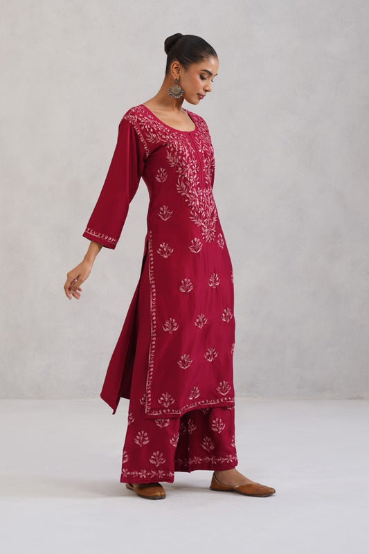 Meher Maroon Embroidered Straight Kurta Palazzo Set