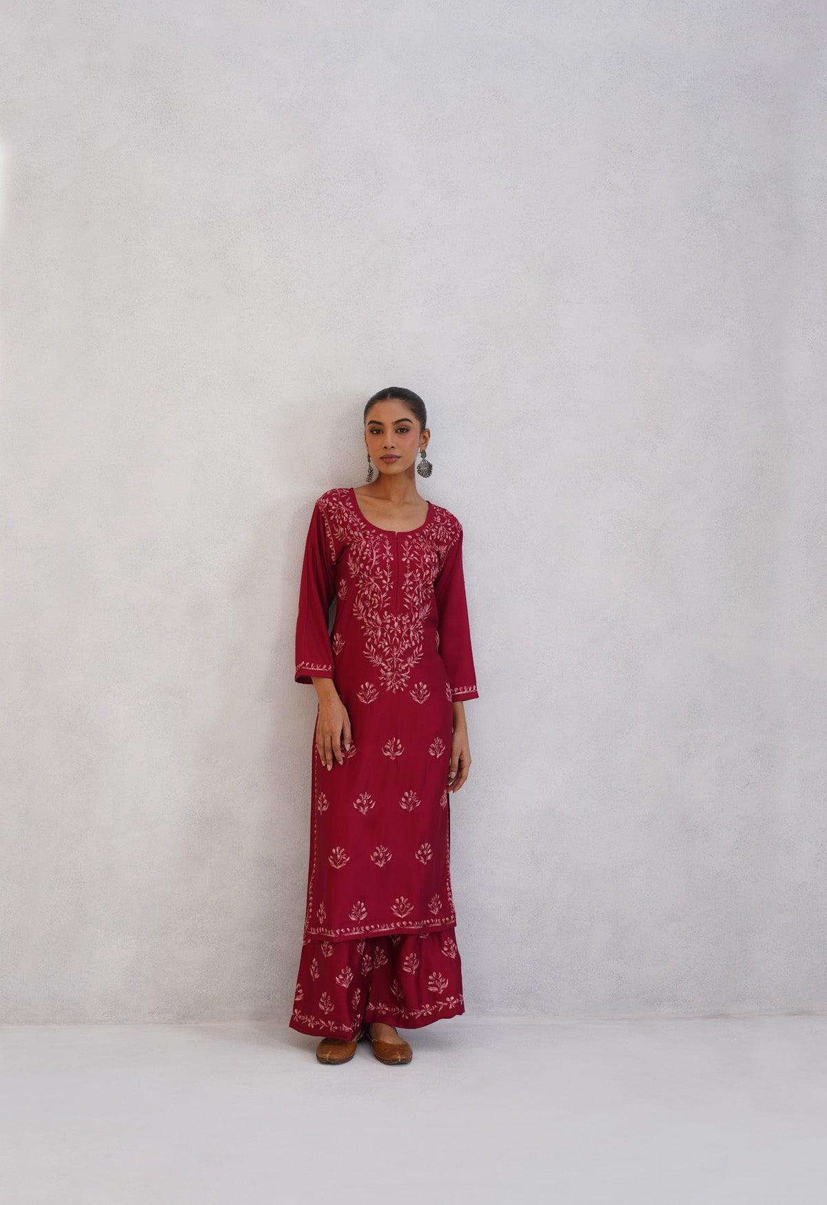 Meher Maroon Embroidered Straight Kurta Palazzo Set