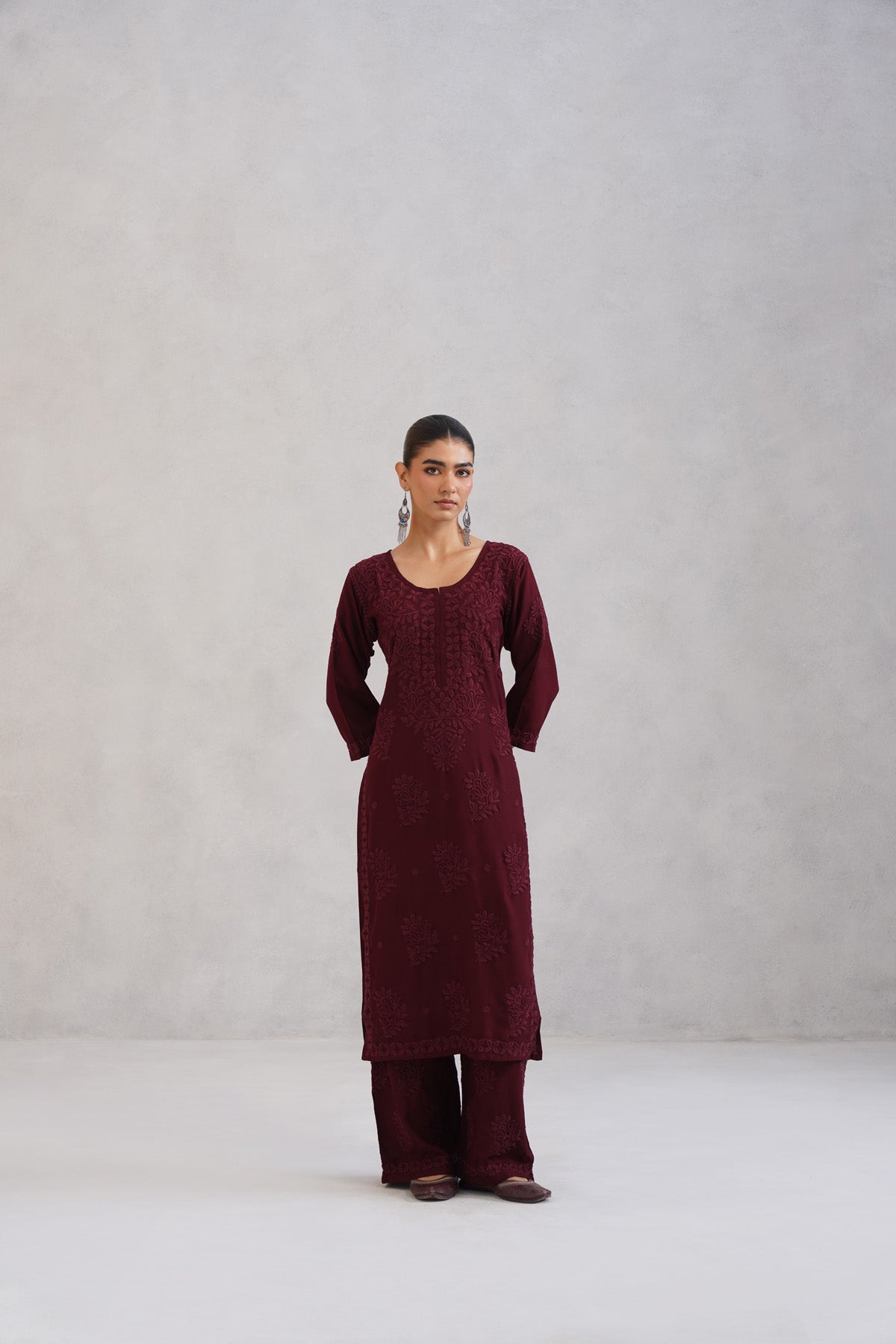 Avira Deep Maroon Floral Embroidered Kurta with Palazzos