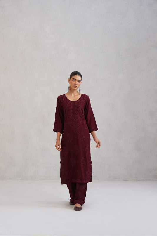 Avira Deep Maroon Floral Embroidered Kurta with Palazzos