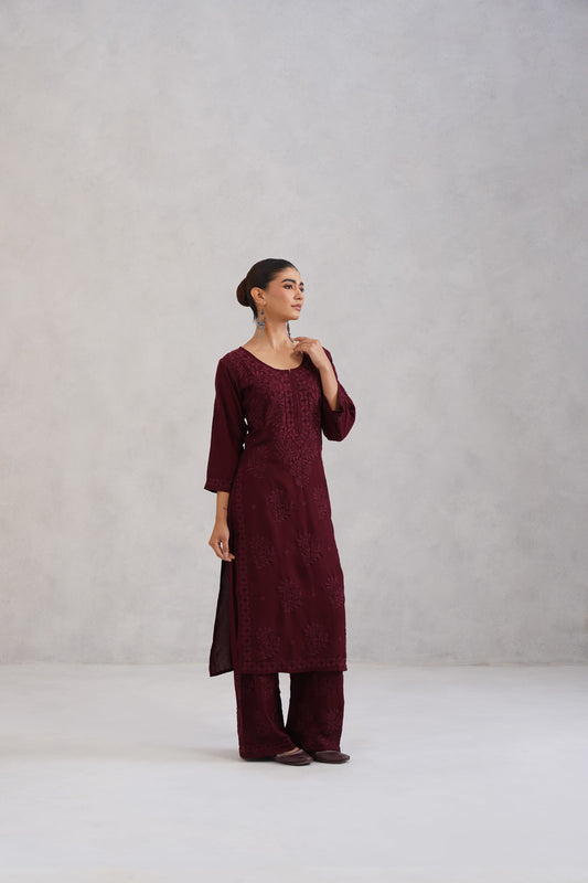 Avira Deep Maroon Floral Embroidered Kurta with Palazzos