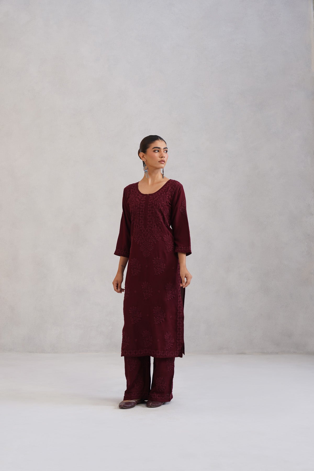 Avira Deep Maroon Floral Embroidered Kurta with Palazzos