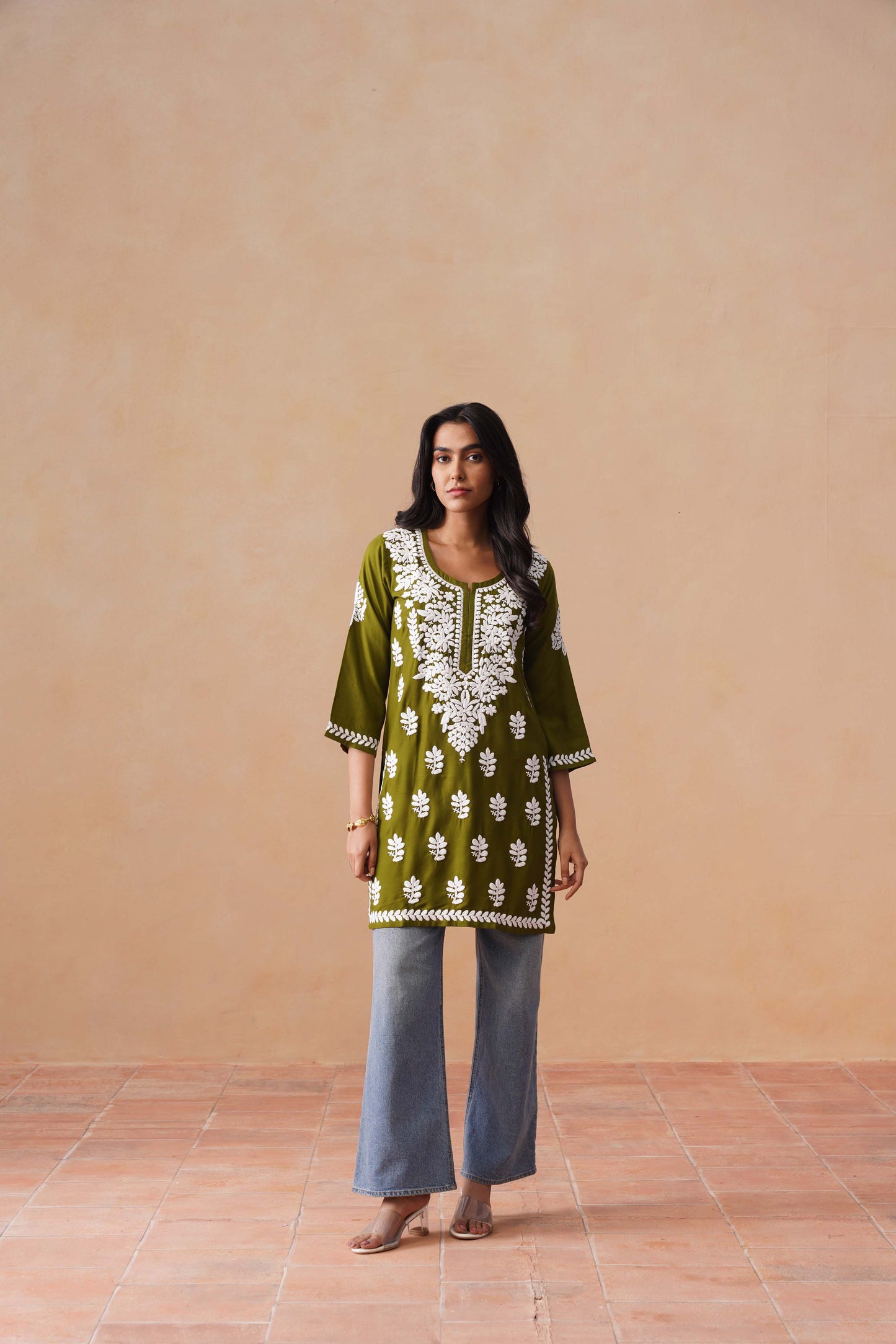 Sama Olive Green Short Rayon Kurta