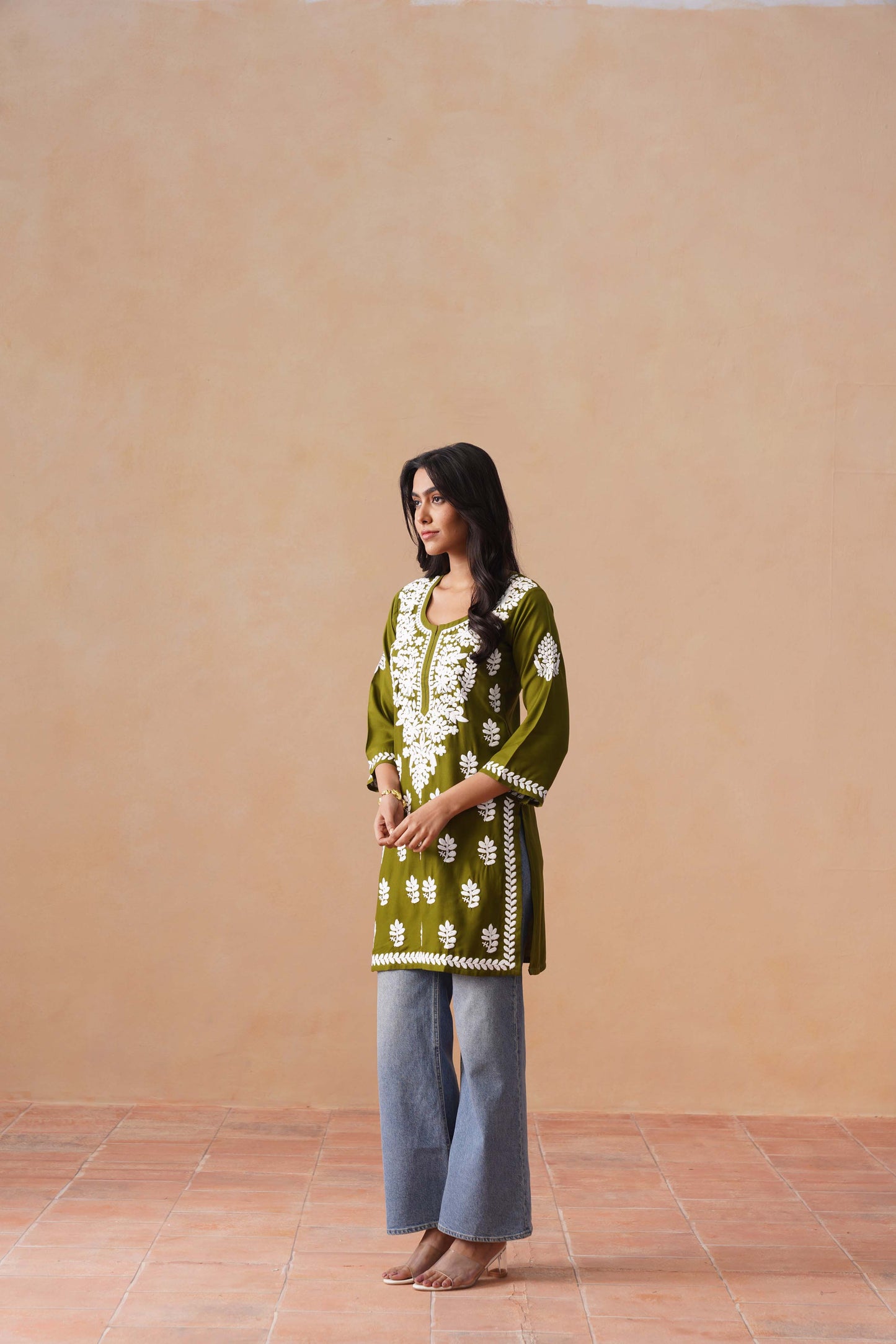 Sama Olive Green Short Rayon Kurta